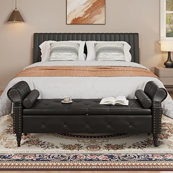 Vabches Tufted Storage Bench, Faux Leather Entryway Bench, Upholstered End of Bed Ottoman