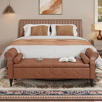Vabches Tufted Storage Bench, Faux Leather Entryway Bench, Upholstered End of Bed Ottoman