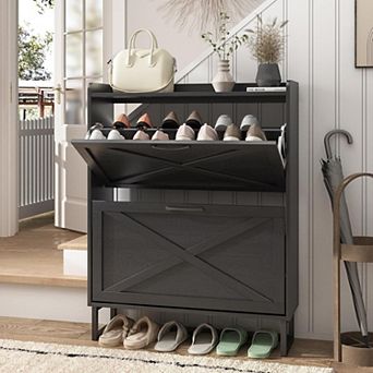 Vabches Narrow Shoe Cabinet, 2 Flip Drawers Entryway Shoe Storage Organizer, Space Saving Cabinet