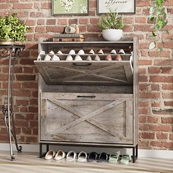Vabches Narrow Shoe Cabinet, 2 Flip Drawers Entryway Shoe Storage Organizer, Space Saving Cabinet