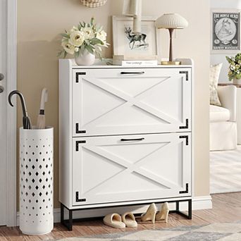 Vabches Narrow Shoe Cabinet, 2 Flip Drawers Entryway Shoe Storage Organizer, Space Saving Cabinet