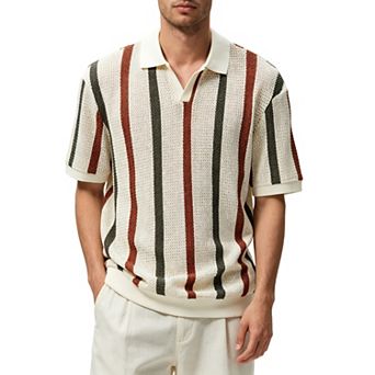 Men Striped Crochet Knit Polo Shirt, Openwork Short Sleeve V Neck Casual Pullover Top