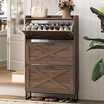 Vabches 31.49"W Narrow Shoe Storage Cabinet, 3 Flip Drawers, Entryway Shoe Organizer