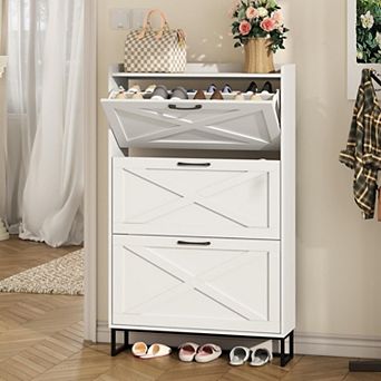 Vabches 31.49"W Narrow Shoe Storage Cabinet, 3 Flip Drawers, Entryway Shoe Organizer