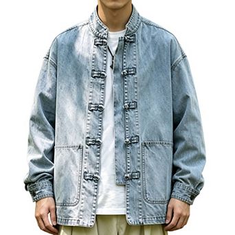 Men’s Frog‑Button Denim Jacket, Stand‑Collared Loose‑Fit Long‑Sleeve Casual Outerwear Coat
