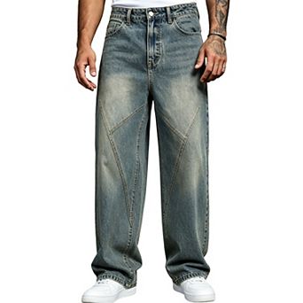 Men’s Geometric‑Seam Wide Leg Jeans, Loose Baggy Street‑Wear Denim Trousers