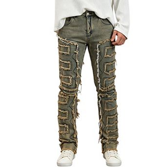 Men’s Flare‑Cut Frayed Patchwork Denim Jeans, Distressed Street‑Fashion Casual Pantss