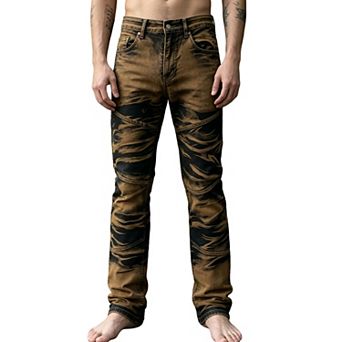 Men’s Flare‑Cut Printed Denim Jeans, Vintage Panel‑Stitch Fashion Pants For Street Look