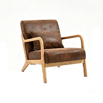 Mid Century Modern Accent Chair, Wood Frame, with Waist Cushion, for Bedroom, Sunroom, Office