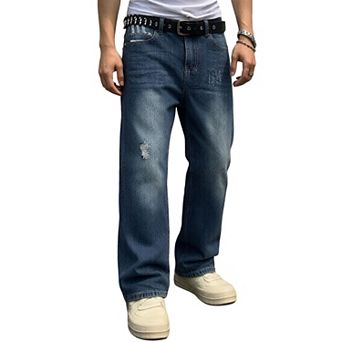 Men’s Distressed Wide‑Leg Jeans,Ripped Loose Fit Denim Pants Casual Street‑Style Trousers