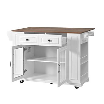 Heybly 54" Rolling Kitchen Island Cart with Power Outlet, Glass Doors and Storage Shelves