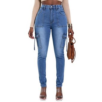 Women's High‑Waisted Cargo Skinny Jeans,Multi‑Pocket Denim Pants with Tie Detail