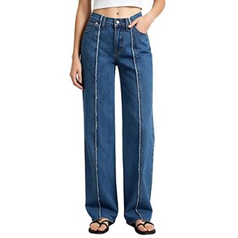 Women's High‑Rise Wide Leg Denim Pants, Unique Outer Seam Detail Jeans