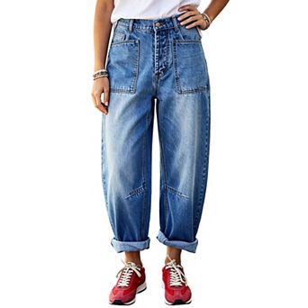 Women's High‑Rise Denim Jeans,Large Square Front Patch Pockets
