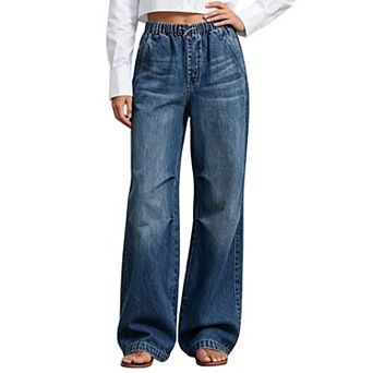 Women's Elastic Waist Wide‑Leg Denim Jeans,Flap Back Pockets