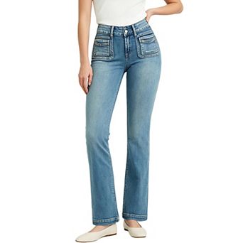 Women's High‑Rise Flared Jeans,Front Patch Pocket Denim Pants
