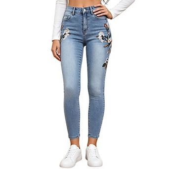 Women's Floral‑Embroidered Skinny Cropped Denim Pants