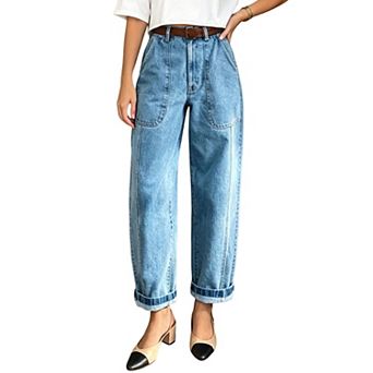 Women's Loose‑Fit Barrel‑Leg Denim Jeans with Roll‑Up Cuffs