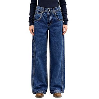 Women's Wide‑Leg Carpenter Jeans,High Waist Casual Denim Pants