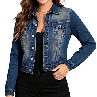 Women's Washed Faded Denim Jacket,Cropped Button‑Down Outerwear