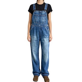 Women's Loose Wide‑Leg Denim Overalls,Adjustable Strap Jumpsuit