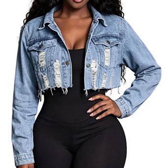 Women's Cropped Ripped Denim Jacket,Frayed Hem Casual Outerwear