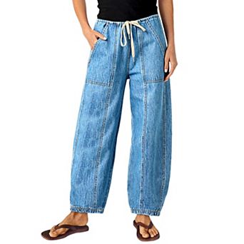Women's Drawstring Waist Barrel‑Leg Jeans,Loose Casual Denim Pants