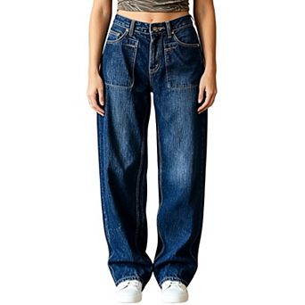 Women's Patch‑Pocket Wide Leg Jeans,Relaxed Fit Denim Trousers