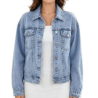 Women's Classic Loose‑Fit Denim Jacket,Casual Long‑Sleeve Outerwear
