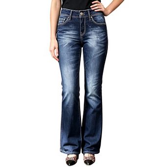 Women's Mid‑Rise Flare Denim Jeans,Decorative Pocket Casual Pants