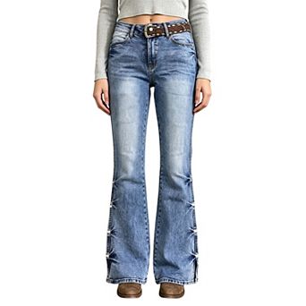 Women's Side‑Button Slit Flared Jeans,Vintage Bell‑Bottom Denim Pants