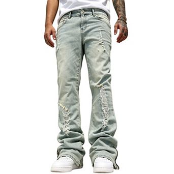 Men’s Flare‑Leg Ripped Denim Jeans, Distressed Bootcut Pants With Zipper Cuffs