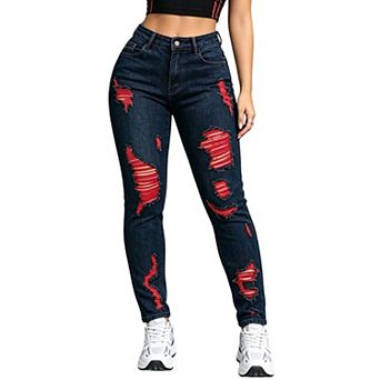 Women's Distressed Skinny Jeans,Red‑Layer Ripped Slim‑Fit Denim Pants