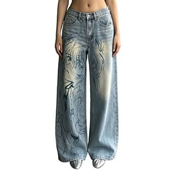 Women's Anime Graphic Wide‑Leg Jeans,Vintage Loose Denim Trousers
