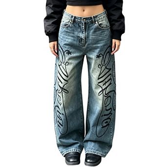 Women's Graffiti‑Print Wide‑Leg Jeans,Hip‑Hop Street‑Style Loose Denim Pants