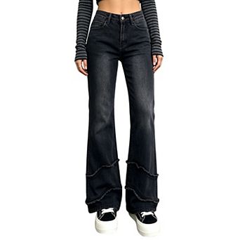 Women's Wavy Frayed‑Trim Flared Jeans,High‑Rise Bell‑Bottom Denim Trousers