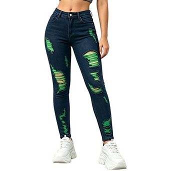 Women's Ripped Skinny‑Fit Jeans,Green Contrast‑Layer Distressed Denim Pants