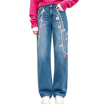 Women's Printed Chain‑Pattern Wide‑Leg Jeans,Casual Loose Denim Pants