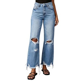 Women's High‑Waist Ripped Bootcut Jeans,Frayed Hem Distressed Denim Pants