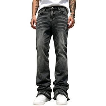 Men’s Flare Denim Jeans, Zipper‑Cuff Raw‑Hem Bootcut Vintage Fashion Trousers