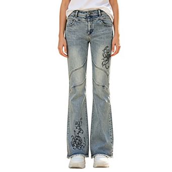 Women's Floral‑Embroidered Bootcut Jeans,Frayed Hem Denim Trousers