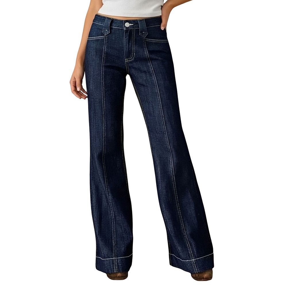パンツ gienge Mid-Rise Stitch Flare Denim Women's Contrast‑Stitch Flared Jeans,Front‑Seam Bell‑Bottom Denim