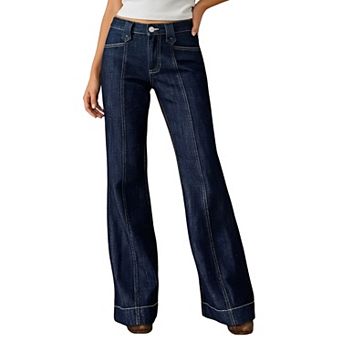 Women's Contrast‑Stitch Flared Jeans,Front‑Seam Bell‑Bottom Denim Pants
