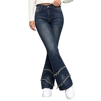 Women's Layered Frayed‑Hem Flared Jeans,Fringe Bell‑Bottom Denim Pants