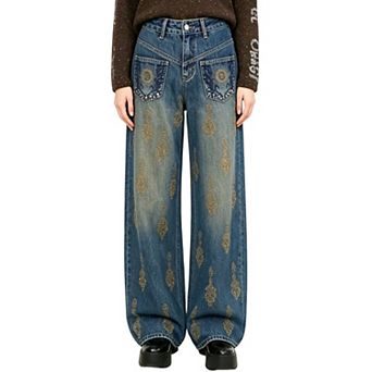Women's Rhinestone‑Decorated Wide‑Leg Jeans,Retro Loose Denim Pants