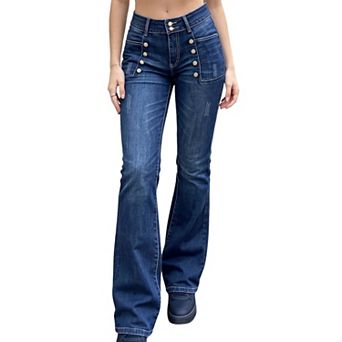 Women's Decorative‑Button Flared Jeans,High Waist Bell‑Bottom Denim Pants