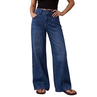 Women's High‑Waist Wide‑Leg Jeans,Multi‑Button Seamed Denim Trousers