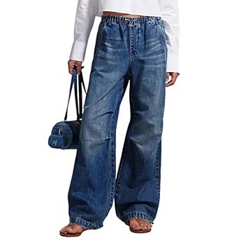 Men’s Drawstring Elastic Waist Wide‑Leg Jeans, Loose Casual Baggy Denim Trousers