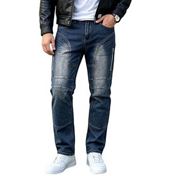 Men’s Panel‑Stitched Straight‑Leg Jeans, Decorative Zip Pocket Biker Denim Pants