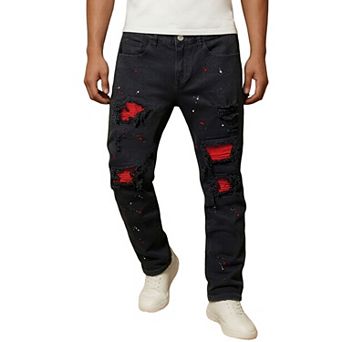 Men’s Distressed Straight‑Leg Jeans, Rip‑Repaired Denim Pants With Paint Decorations
